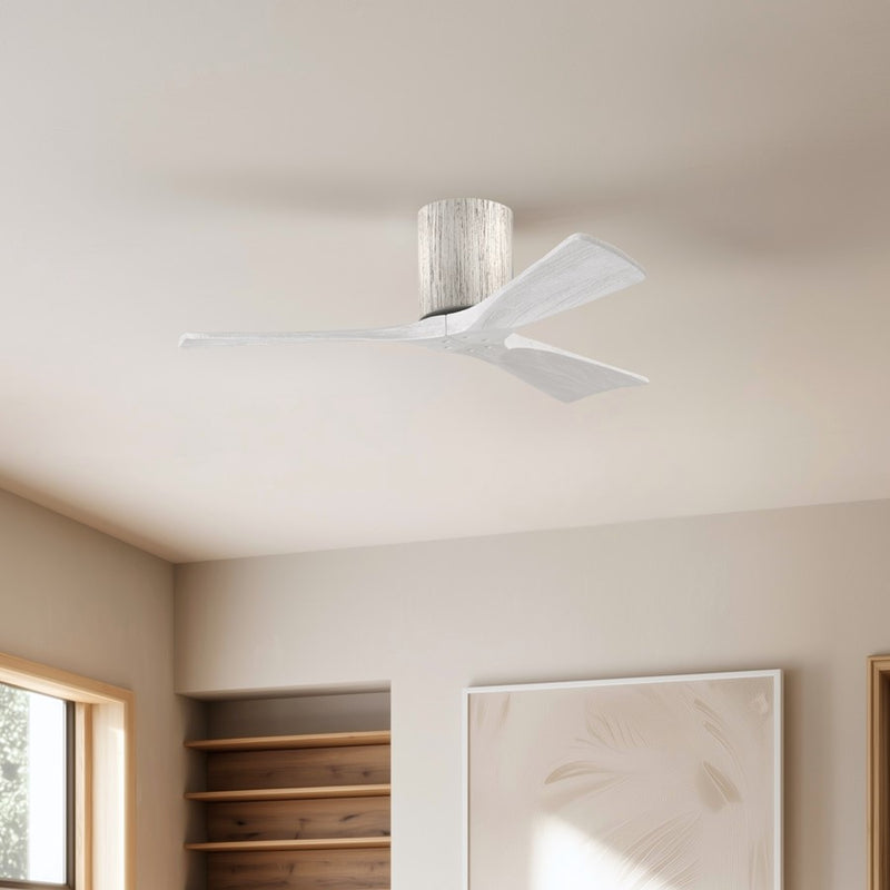 Matthews Fans Irene-3H 42in 3-Blade Flush Mount Ceiling Fan | Rustic Barn Wood and Matte White Solid Wood Blades | Bedroom | Model IR3H-BW-MWH-42