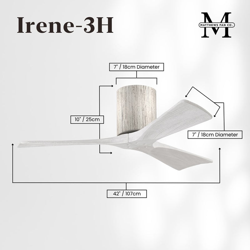 Matthews Fans Irene-3H 42in 3-Blade Flush Mount Ceiling Fan | Rustic Barn Wood and Matte White Solid Wood Blades | Bedroom | Model IR3H-BW-MWH-42