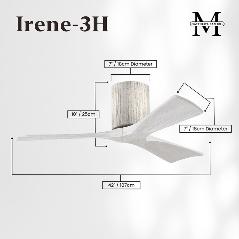 Matthews Fans Irene-3H 42in 3-Blade Flush Mount Ceiling Fan | Rustic Barn Wood and Matte White Solid Wood Blades | Bedroom | Model IR3H-BW-MWH-42