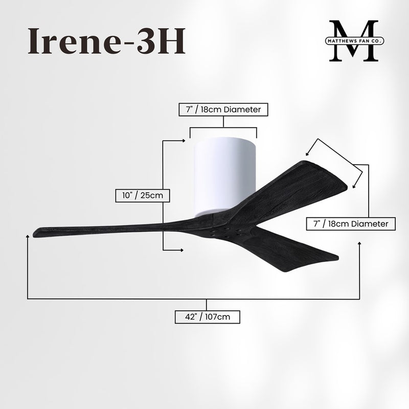 Matthews Fans Irene-3H 42in 3-Blade Ceiling Fan | Gloss White and Matte Black Solid Wood Blades | Bedroom & Home Office | Model IR3H-WH-BK-42