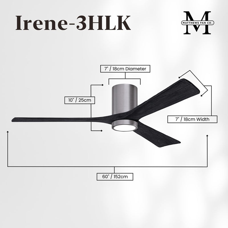Matthews Fans Irene-3HLK 60in 3-Blade LED Ceiling Fan | Contemporary Brushed Nickel and Matte Black Solid Wood Blades | Great | Model IR3HLK-BN-BK-60
