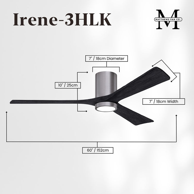 Matthews Fans Irene-3HLK 60in 3-Blade LED Ceiling Fan | Contemporary Brushed Nickel and Matte Black Solid Wood Blades | Great | Model IR3HLK-BN-BK-60