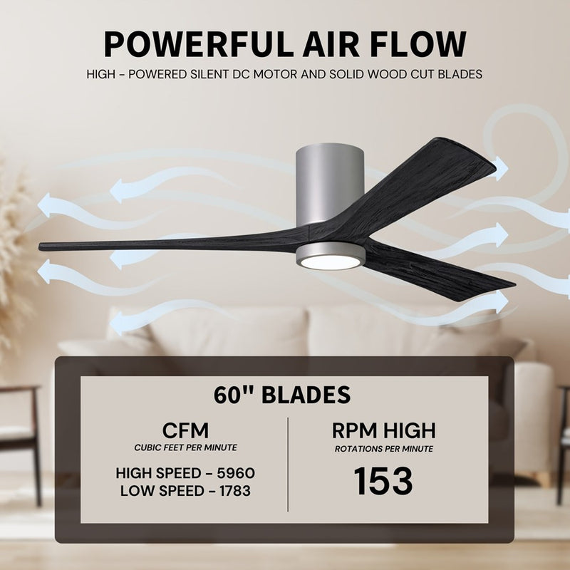 Matthews Fans Irene-3HLK 60in 3-Blade LED Ceiling Fan | Contemporary Brushed Nickel and Matte Black Solid Wood Blades | Great | Model IR3HLK-BN-BK-60