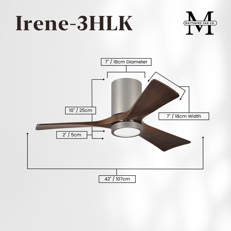 Matthews Fans Irene-3HLK 42in 3-Blade LED Ceiling Fan | Brushed Nickel and Walnut Tone Solid Wood | Bedroom & Home Office | Model IR3HLK-BN-WA-42