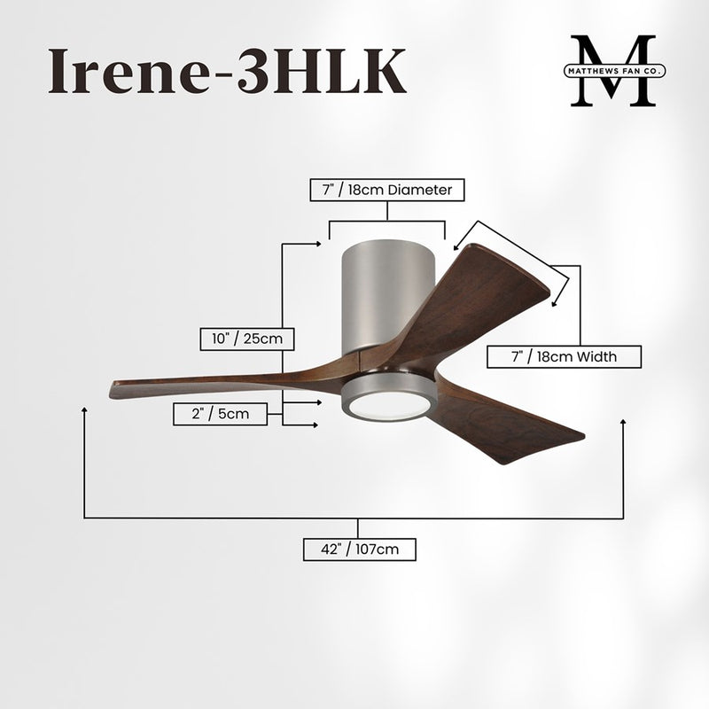 Matthews Fans Irene-3HLK 42in 3-Blade LED Ceiling Fan | Brushed Nickel and Walnut Tone Solid Wood | Bedroom & Home Office | Model IR3HLK-BN-WA-42
