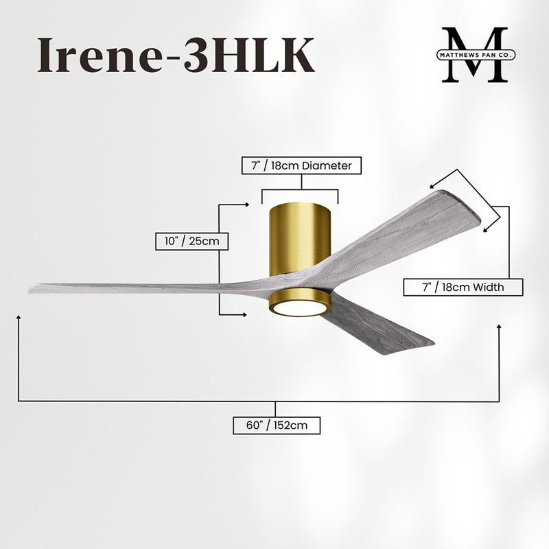 Matthews Fans Irene-3HLK 60in 1-Light LED Ceiling Fan | Contemporary Brushed Brass and Barnwood Solid Wood | Great Room | Model IR3HLK-BRBR-BW-60