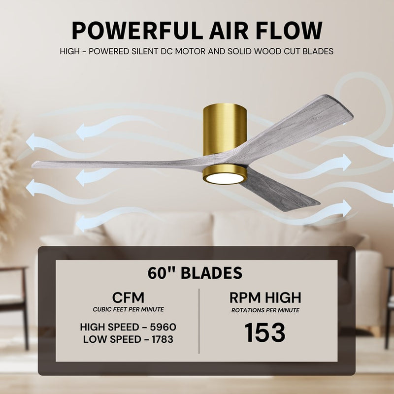 Matthews Fans Irene-3HLK 60in 1-Light LED Ceiling Fan | Contemporary Brushed Brass and Barnwood Solid Wood | Great Room | Model IR3HLK-BRBR-BW-60