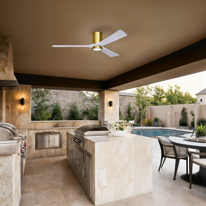 Matthews Fans Irene-3HLK 60in 3-Blade Flush Mount Ceiling Fan | Brushed Brass and Matte White Wood | Great Rooms & Covered | Model IR3HLK-BRBR-MWH-60