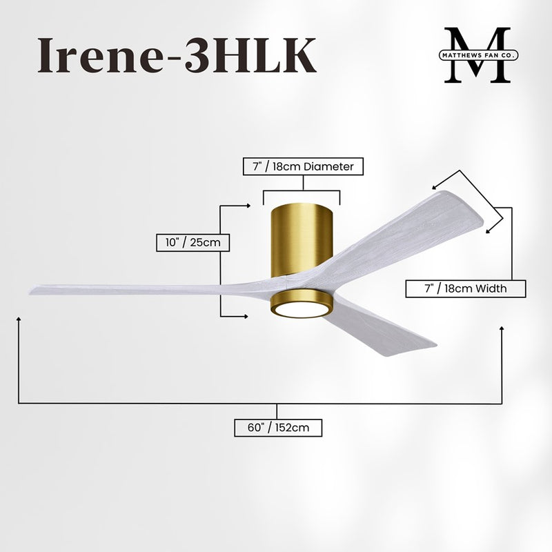 Matthews Fans Irene-3HLK 60in 3-Blade Flush Mount Ceiling Fan | Brushed Brass and Matte White Wood | Great Rooms & Covered | Model IR3HLK-BRBR-MWH-60