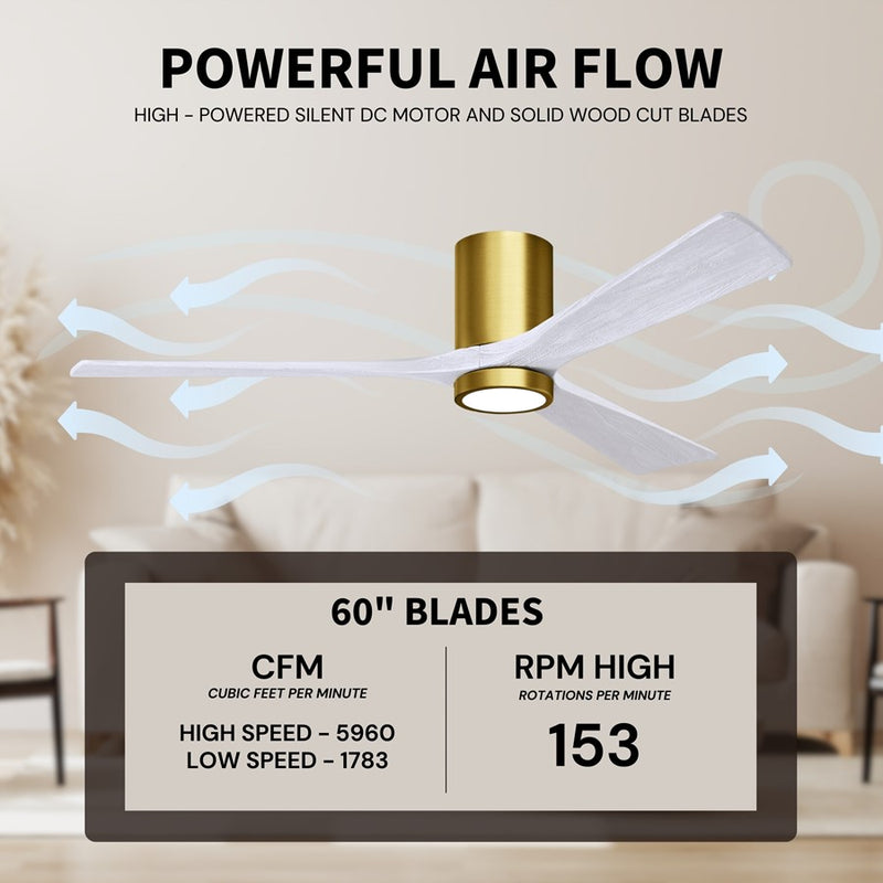 Matthews Fans Irene-3HLK 60in 3-Blade Flush Mount Ceiling Fan | Brushed Brass and Matte White Wood | Great Rooms & Covered | Model IR3HLK-BRBR-MWH-60