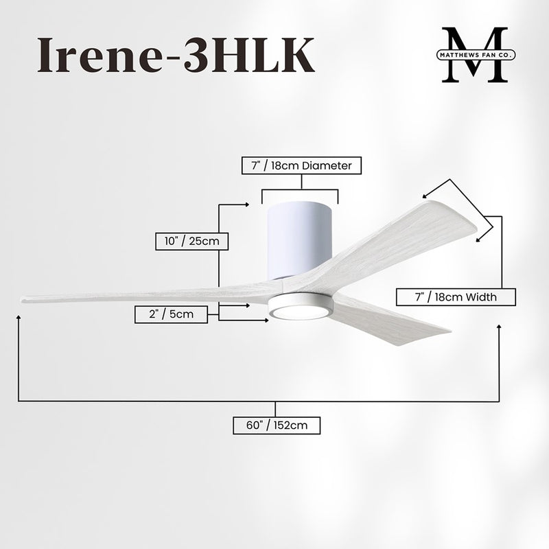 Matthews Fans Irene-3HLK 60in 3-Blade LED Ceiling Fan | Contemporary Gloss White and Matte White Wood | Great Room | Model IR3HLK-WH-MWH-60