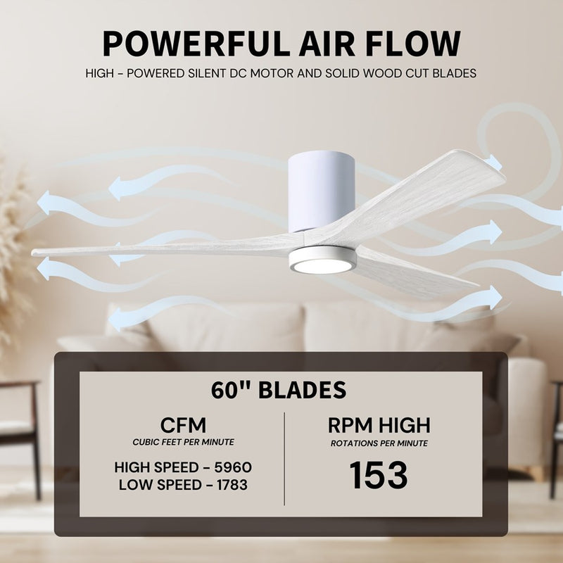 Matthews Fans Irene-3HLK 60in 3-Blade LED Ceiling Fan | Contemporary Gloss White and Matte White Wood | Great Room | Model IR3HLK-WH-MWH-60