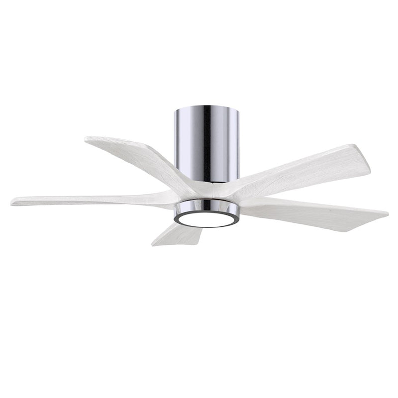 Matthews Fans Irene-5HLK 42in 5-Blade Flush Mount Ceiling Fan | Polished Chrome and Matte White Wood | Bedroom & Covered | Model IR5HLK-CR-MWH-42