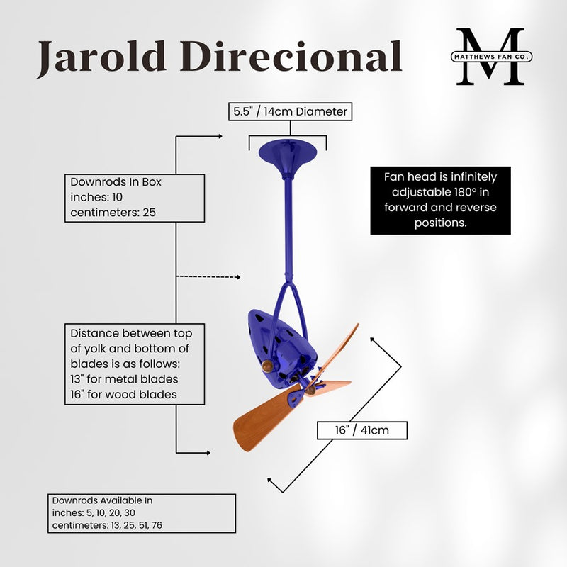 Matthews Fans Jarold 16in 3-Blade Directional Ceiling Fan | Contemporary Safira and Mahogany Wood Blades | Covered Patio & Sunroom | Model JD-BLUE-WD