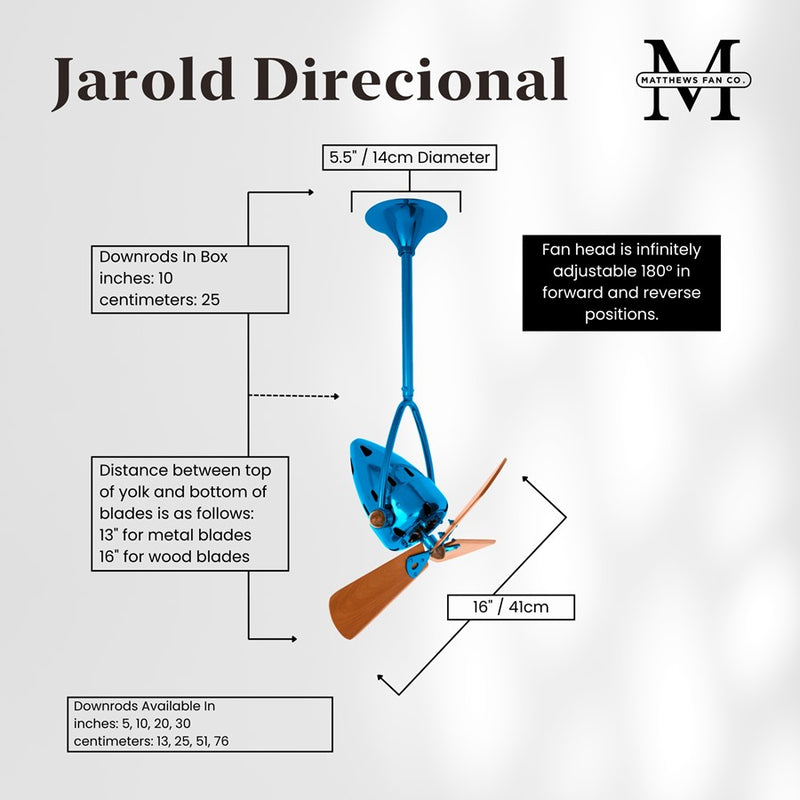 Matthews Fans Jarold 16in Directional Ceiling Fan | Contemporary Agua Marinha and Mahogany Wood | Living Room & Bedroom | Model JD-LTBLUE-WD
