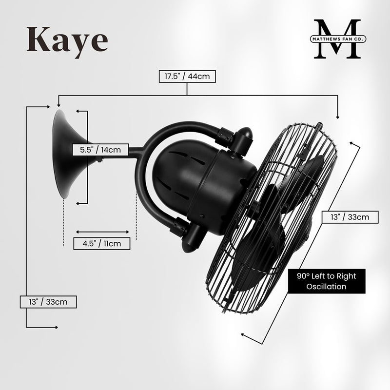 Matthews Fans Kaye 13in 3-Blade Oscillating Wall Fan | Matte Black Cast Aluminum | Covered Patio & Sunroom | 17.5 x 13 x 17.5 in | Model KC-BK