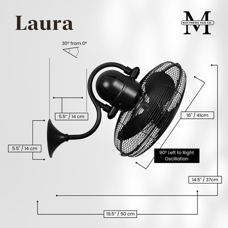 Matthews Fans Laura 16in 3-Blade Oscillating Wall Fan | Matte Black Cast Aluminum | Covered Patio & Sunroom | 19.5 x 16 x 14.5 in | Model LL-BK