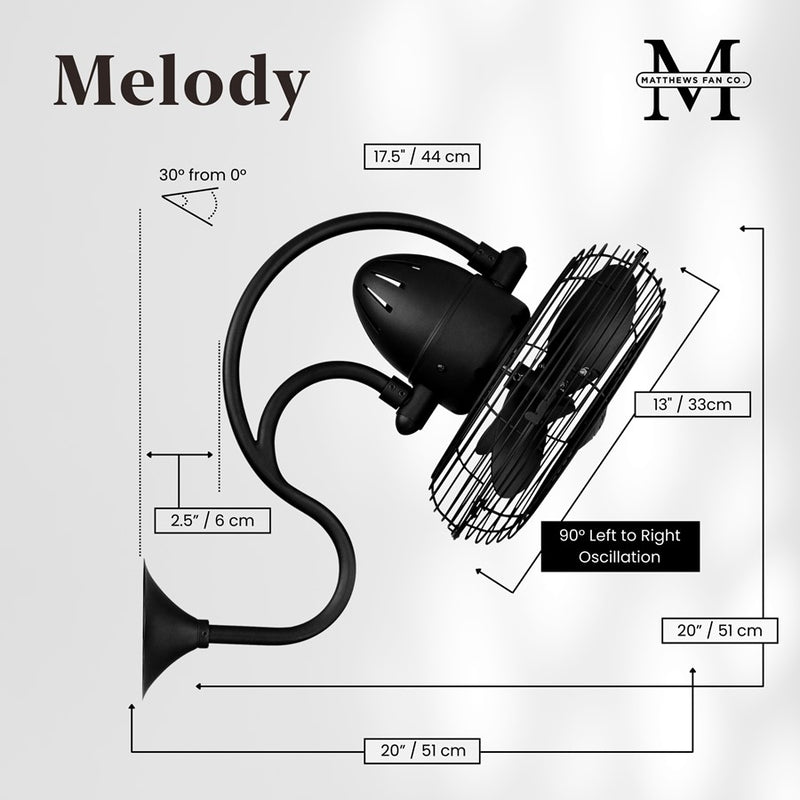 Matthews Fans Melody 13in 3-Blade Oscillating Wall Fan | Art Nouveau Matte Black Cast Aluminum | Bedroom & Covered Patio | Model ME-BK