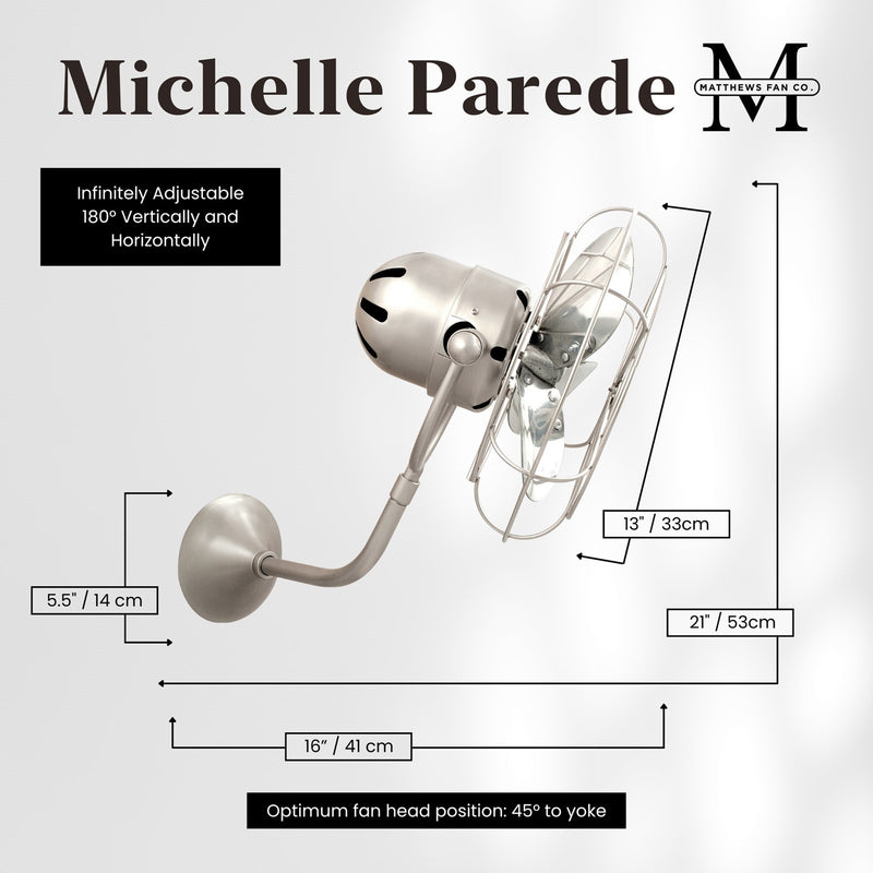 Matthews Fan Company Michelle Parede 19in Directional Wall Fan | Brushed Nickel Metal | Bedroom & Home Office | 13 x 20 x 16 in | Model MP-BN-MTL