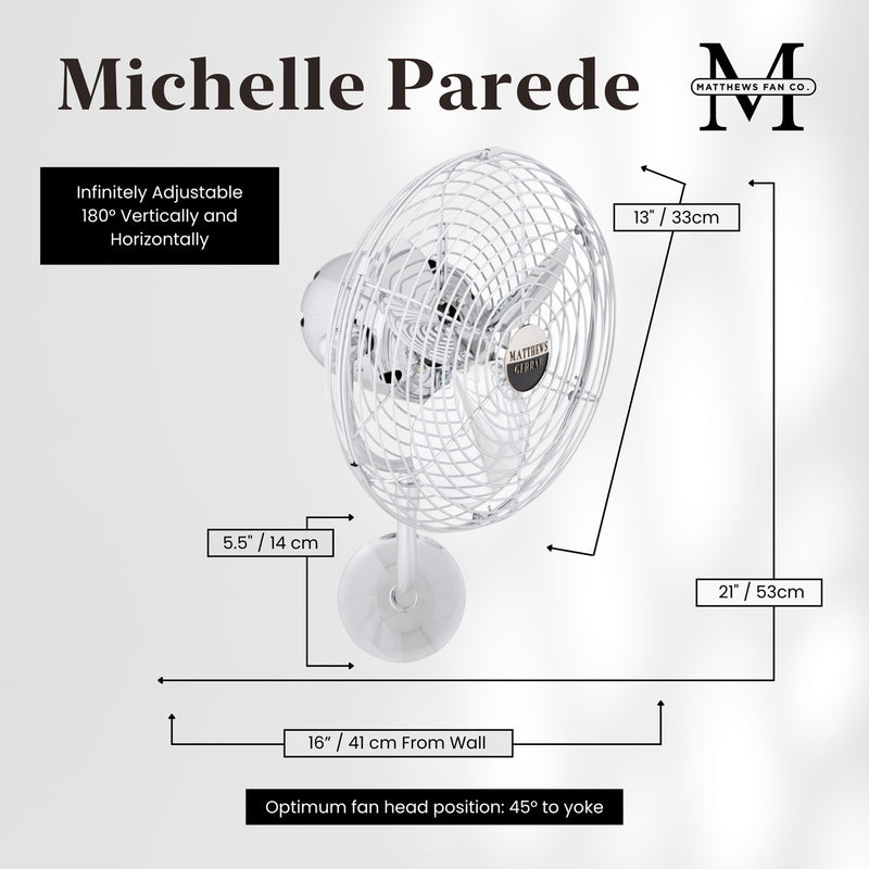 Matthews Fan Company Michelle Parede 19in Directional Wall Fan | Chrome Metal | Indoor Use | 13 x 20 x 16 in | Model MP-CR-MTL