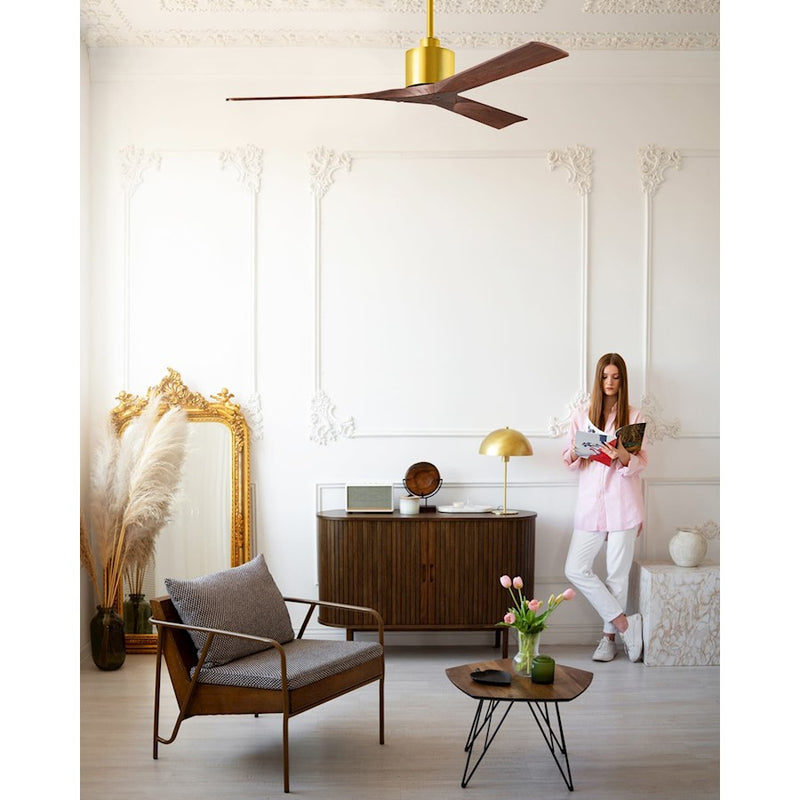 Matthews Fans Nan 60in 3-Blade Ceiling Fan | Contemporary Brushed Brass and Walnut Solid Wood | Living Room & Bedroom | Model NK-BRBR-WA-60