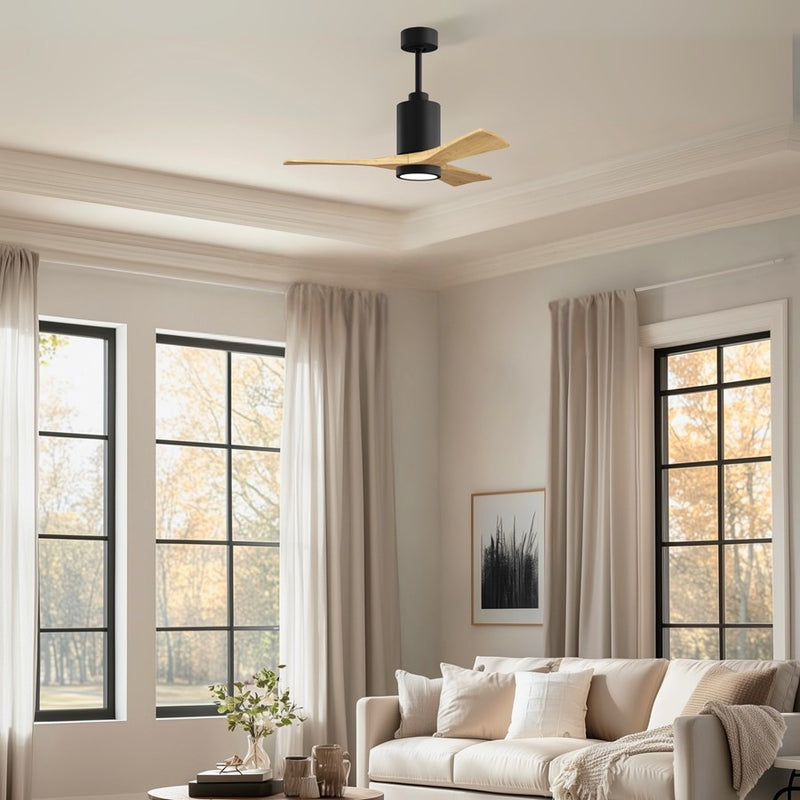 Matthews Fan Patricia 3 42in 3-Light LED Ceiling Fan | Matte Black and Light Maple Solid Wood Blades | Bedroom & Living Room | Model PA3-BK-LM-42