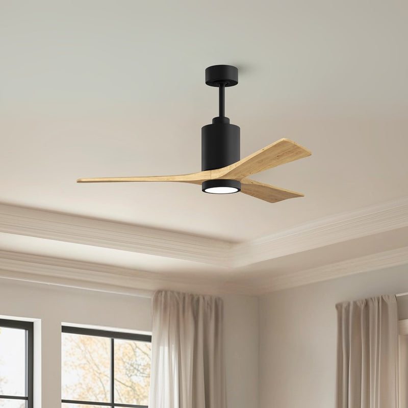 Matthews Fan Patricia 3 52in 3-Light LED Ceiling Fan | Matte Black and Light Maple Solid Wood Blades | Bedroom & Living Room | Model PA3-BK-LM-52