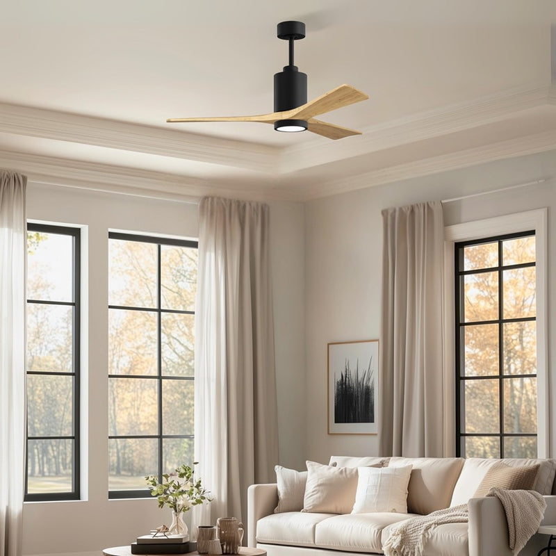Matthews Fan Patricia 3 52in 3-Light LED Ceiling Fan | Matte Black and Light Maple Solid Wood Blades | Bedroom & Living Room | Model PA3-BK-LM-52