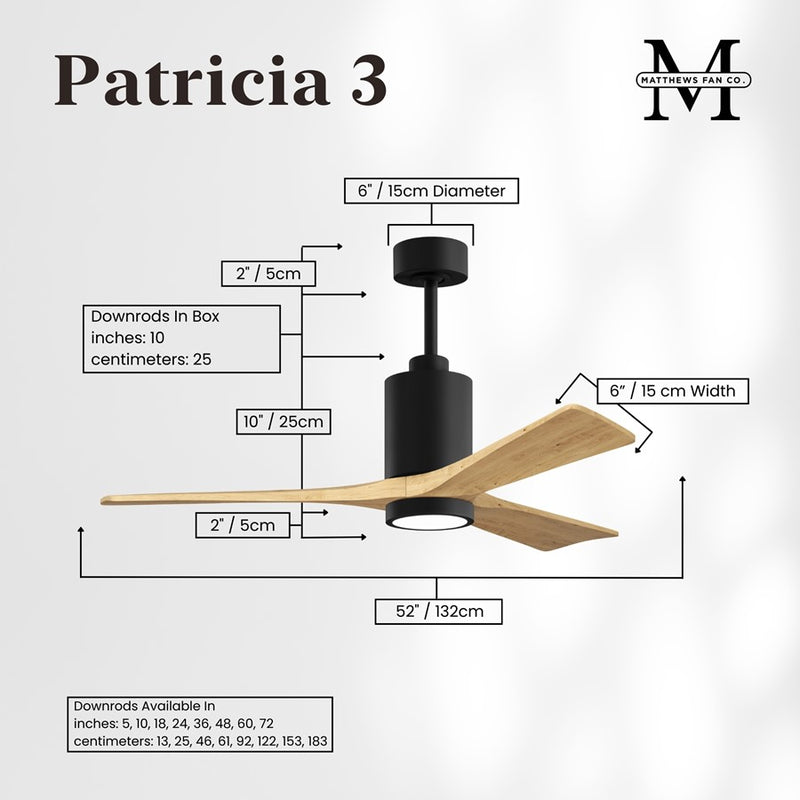 Matthews Fan Patricia 3 52in 3-Light LED Ceiling Fan | Matte Black and Light Maple Solid Wood Blades | Bedroom & Living Room | Model PA3-BK-LM-52