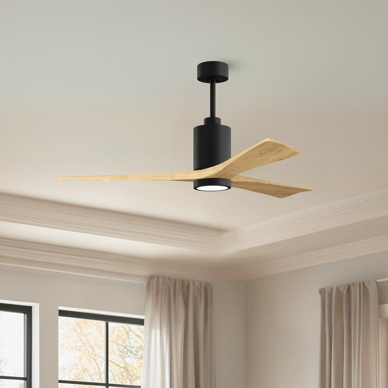 Matthews Fan Patricia 3 60in 3-Light LED Ceiling Fan | Matte Black and Light Maple Solid Wood Blades | Bedroom & Living Room | Model PA3-BK-LM-60