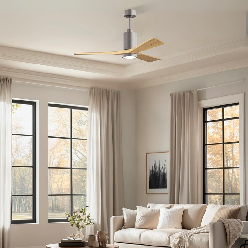 Matthews Fans Patricia-3 52in 3-Blade LED Ceiling Fan | Brushed Nickel and Light Maple Solid Wood | Great Rooms & Covered Patios | Model PA3-BN-LM-52