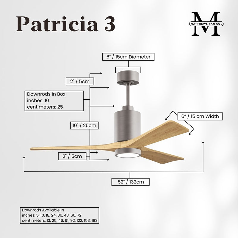Matthews Fans Patricia-3 52in 3-Blade LED Ceiling Fan | Brushed Nickel and Light Maple Solid Wood | Great Rooms & Covered Patios | Model PA3-BN-LM-52