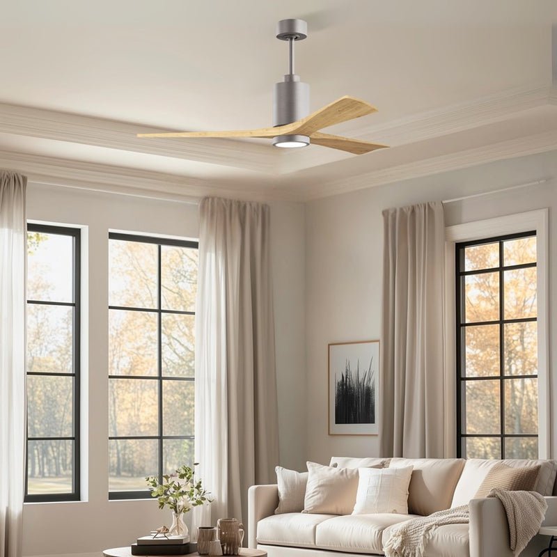 Matthews Fans Patricia-3 60in 3-Blade LED Ceiling Fan | Brushed Nickel and Light Maple Solid Wood | Great Rooms & Covered Patios | Model PA3-BN-LM-60