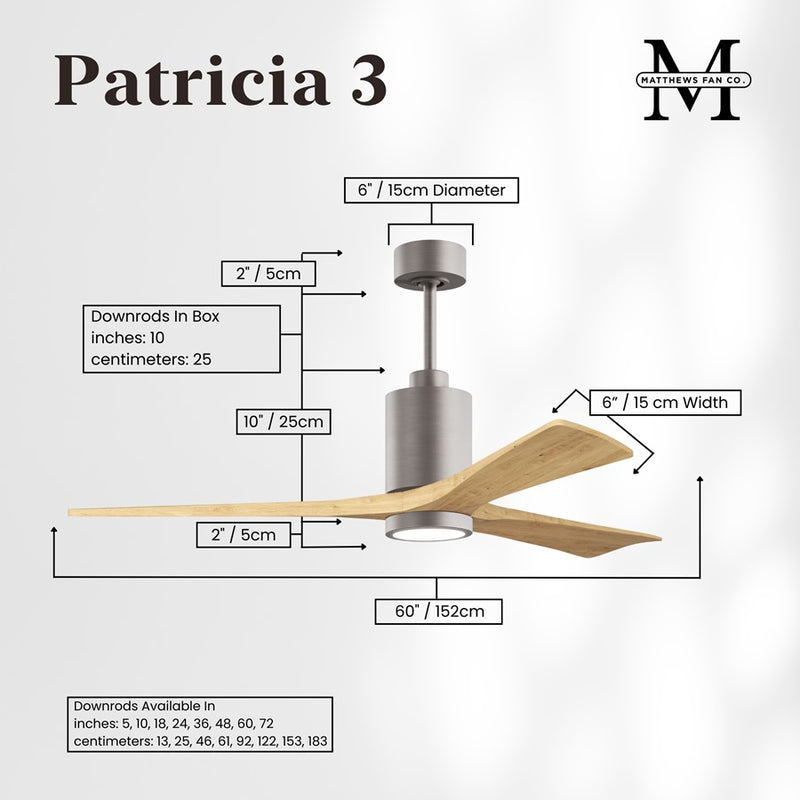 Matthews Fans Patricia-3 60in 3-Blade LED Ceiling Fan | Brushed Nickel and Light Maple Solid Wood | Great Rooms & Covered Patios | Model PA3-BN-LM-60