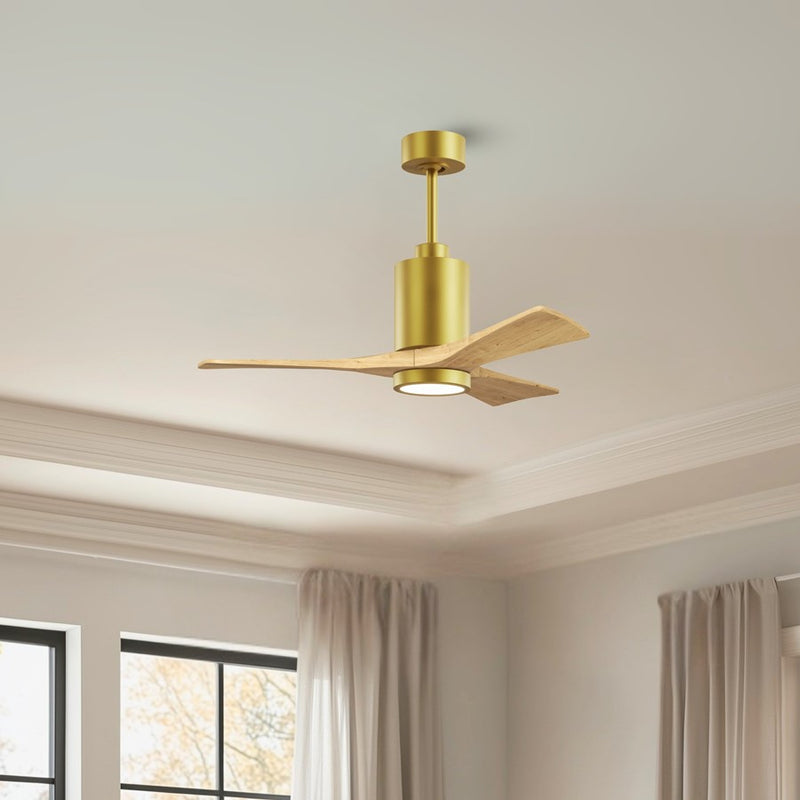 Matthews Fan Patricia-3 42in 3-Blade LED Ceiling Fan | Contemporary Brushed Brass and Light Maple Solid Wood | Bedrooms | Model PA3-BRBR-LM-42