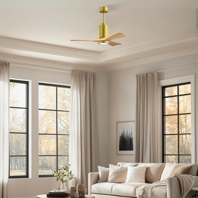 Matthews Fan Patricia-3 42in 3-Blade LED Ceiling Fan | Contemporary Brushed Brass and Light Maple Solid Wood | Bedrooms | Model PA3-BRBR-LM-42