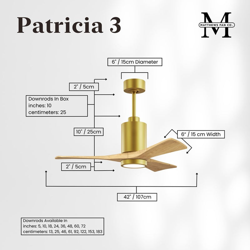 Matthews Fan Patricia-3 42in 3-Blade LED Ceiling Fan | Contemporary Brushed Brass and Light Maple Solid Wood | Bedrooms | Model PA3-BRBR-LM-42