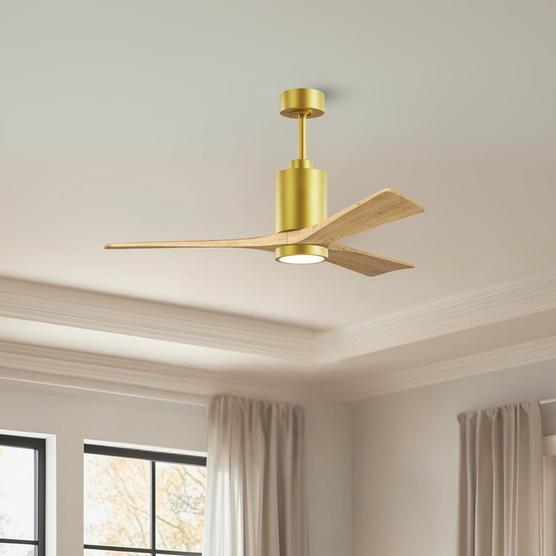 Matthews Fan Patricia-3 52in 3-Blade LED Ceiling Fan | Contemporary Brushed Brass and Light Maple Solid Wood | Living Rooms | Model PA3-BRBR-LM-52