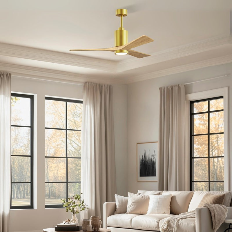 Matthews Fan Patricia-3 52in 3-Blade LED Ceiling Fan | Contemporary Brushed Brass and Light Maple Solid Wood | Living Rooms | Model PA3-BRBR-LM-52