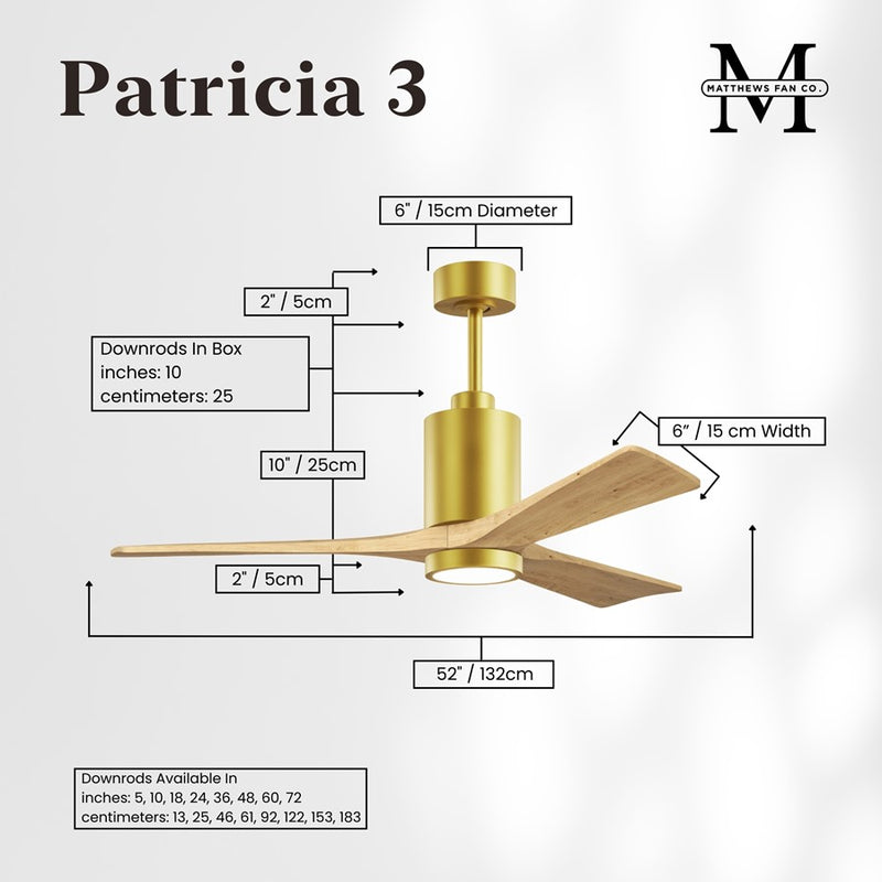 Matthews Fan Patricia-3 52in 3-Blade LED Ceiling Fan | Contemporary Brushed Brass and Light Maple Solid Wood | Living Rooms | Model PA3-BRBR-LM-52