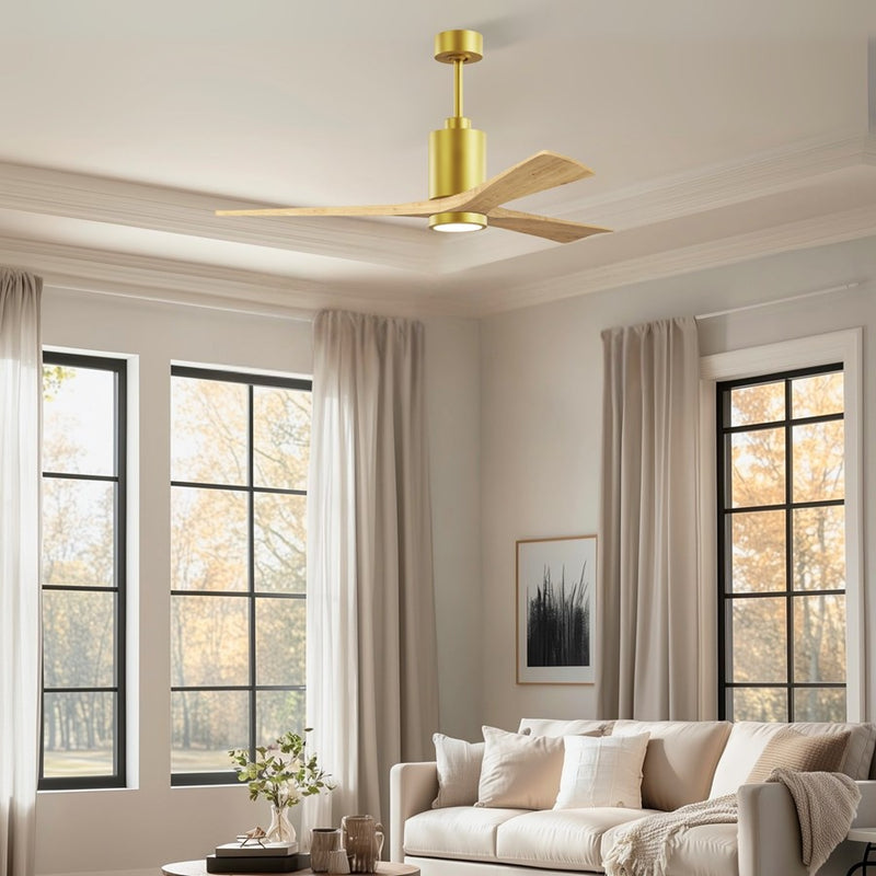 Matthews Fan Patricia-3 60in 3-Blade LED Ceiling Fan | Contemporary Brushed Brass and Light Maple Solid Wood | Great Rooms | Model PA3-BRBR-LM-60