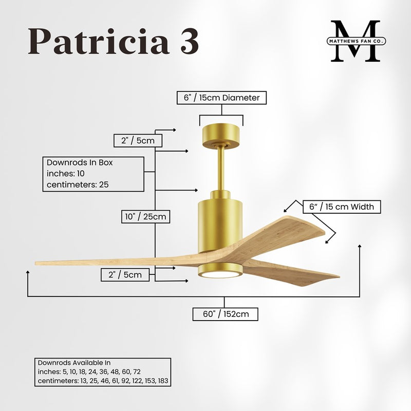 Matthews Fan Patricia-3 60in 3-Blade LED Ceiling Fan | Contemporary Brushed Brass and Light Maple Solid Wood | Great Rooms | Model PA3-BRBR-LM-60