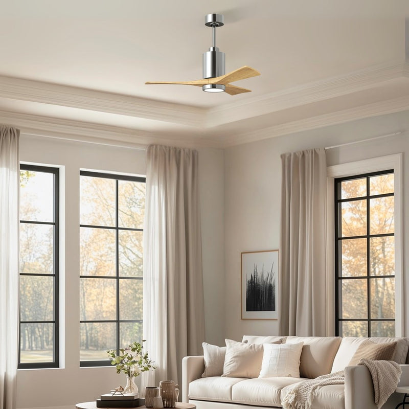Matthews Fans Patricia 3 42in 1-Light LED Ceiling Fan | Polished Chrome and Light Maple Solid Wood | Bedrooms & Covered Patios | Model PA3-CR-LM-42