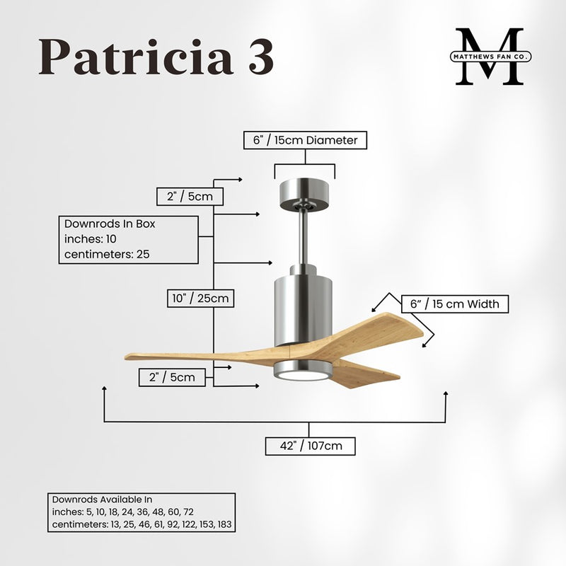 Matthews Fans Patricia 3 42in 1-Light LED Ceiling Fan | Polished Chrome and Light Maple Solid Wood | Bedrooms & Covered Patios | Model PA3-CR-LM-42
