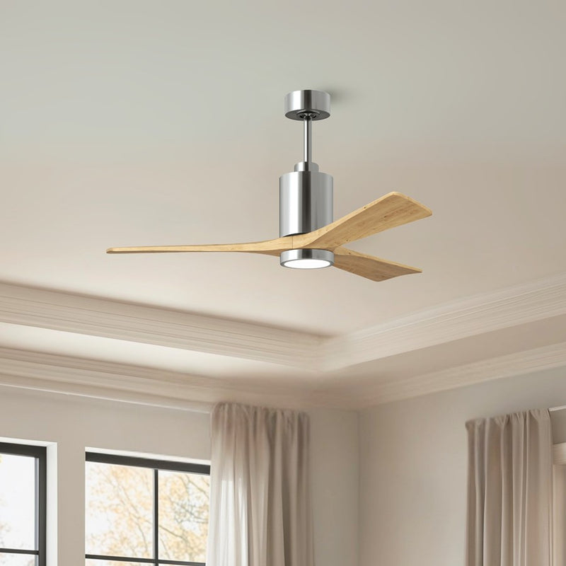 Matthews Fans Patricia 3 52in 1-Light LED Ceiling Fan | Polished Chrome and Light Maple Solid Wood | Living Rooms & Covered | Model PA3-CR-LM-52