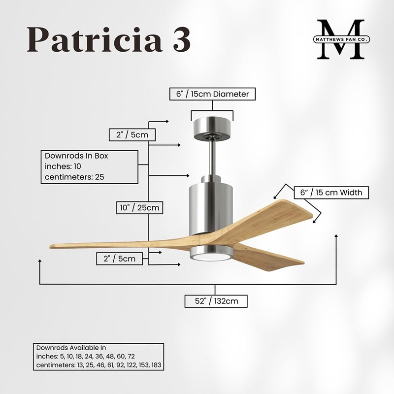 Matthews Fans Patricia 3 52in 1-Light LED Ceiling Fan | Polished Chrome and Light Maple Solid Wood | Living Rooms & Covered | Model PA3-CR-LM-52