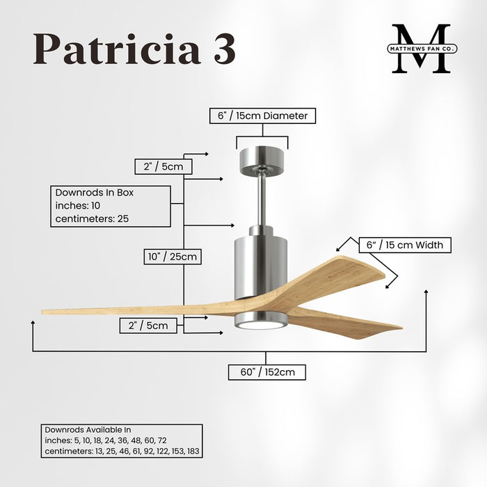 Matthews Fan Patricia-3 60" 3-Blade Ceiling Fan, Polished Chrome