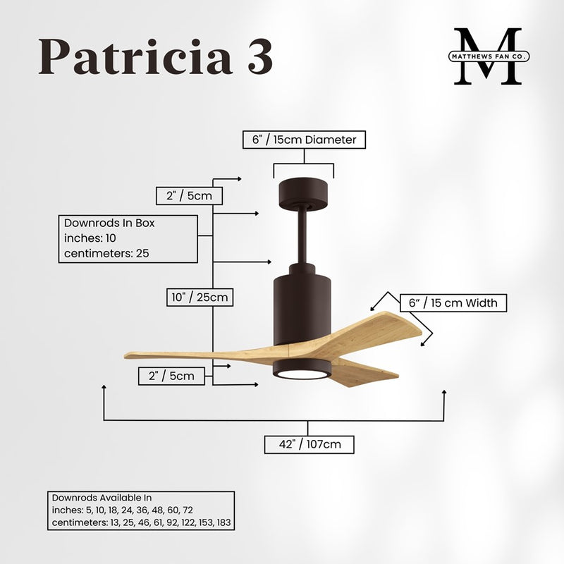 Matthews Fans Patricia 3 42in 1-Light LED Ceiling Fan | Contemporary Textured Bronze and Light Maple Wood Blades | Covered Patio | Model PA3-TB-LM-42