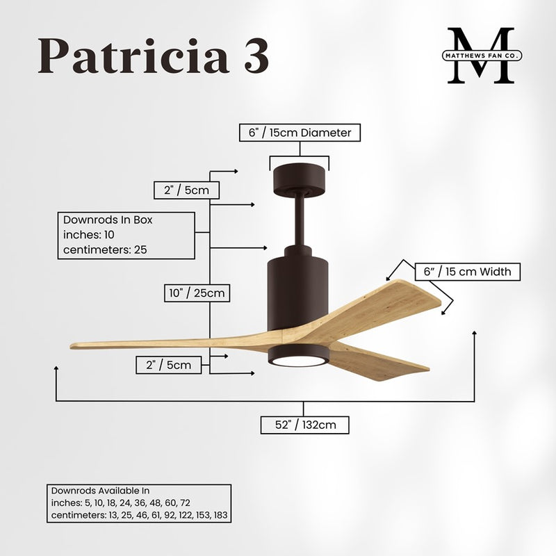 Matthews Fans Patricia 3 52in 1-Light LED Ceiling Fan | Contemporary Textured Bronze and Light Maple Wood Blades | Covered Patio | Model PA3-TB-LM-52