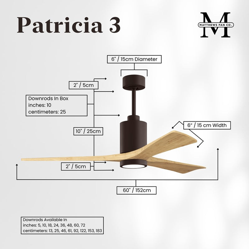 Matthews Fans Patricia-3 60in 3-Blade Ceiling Fan | Textured Bronze and Light Maple Solid Wood Blades | Great Room & Covered | Model PA3-TB-LM-60